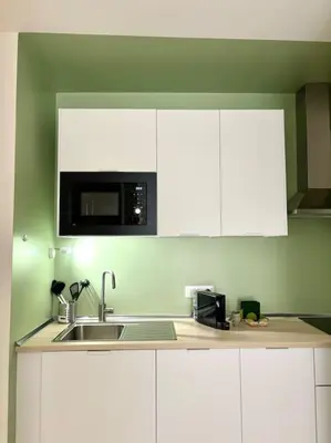 a kitchen with white cabinets and a sink and a microwave at Green House Rome in Rome