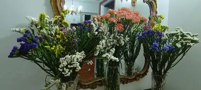 a bunch of flowers in vases in front of a mirror at Attico Aventino in Rome