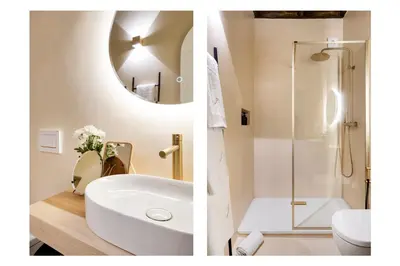 two images of a bathroom with a sink and a shower at JSuite in Rome