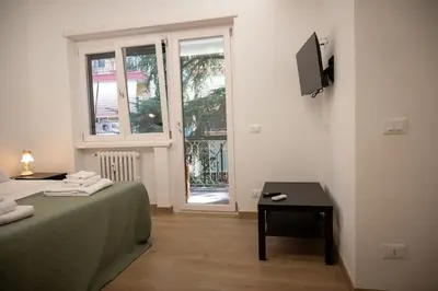 a bedroom with a bed and a tv and a window at Fiqus in Rome