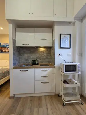 a kitchen with white cabinets and a sink and a microwave at Simone's apartment in Rome
