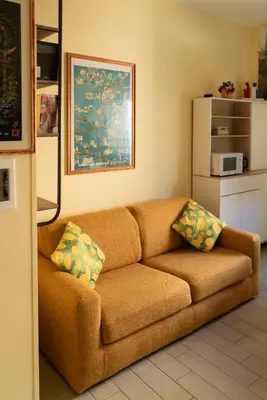 a brown couch in a living room with a microwave at CasaLetizia A Roma con piacere! in Rome