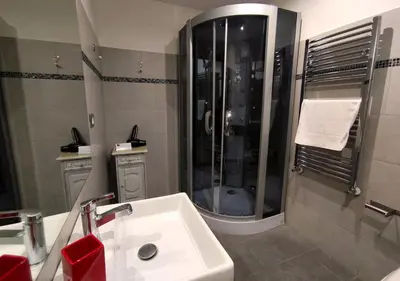 a bathroom with a shower and a white sink at Gregory Place in Rome