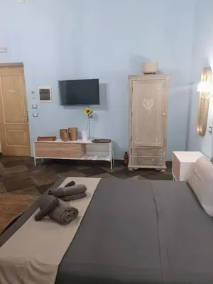 a living room with a bed and a tv at loft a Castel S Angelo A e B in Rome