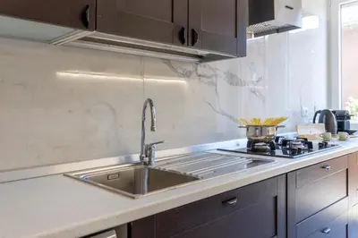 a kitchen with a sink and a stove at Carlotta Stylish Apartment Close Tiburtina Station in Rome