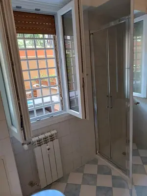 a bathroom with a shower and two windows at Vatican tiny house by Gialel in Rome