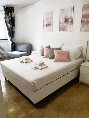 a bedroom with a large white bed with pink pillows at San Cosimato cozy flat in Rome