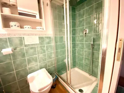 a green tiled bathroom with a toilet and a shower at Leonina Luxury Euroform in Rome