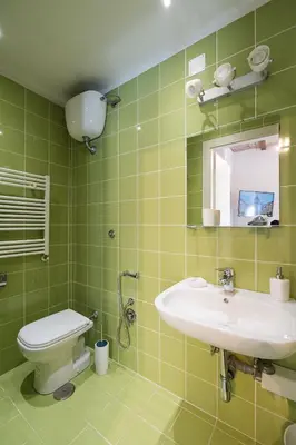 a green bathroom with a sink and a toilet at Barletta Vatican Rooms in Rome