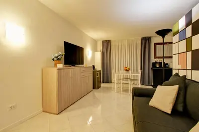 a living room with a couch and a flat screen tv at Fermata San Pietro - appartamento con parcheggio in Rome