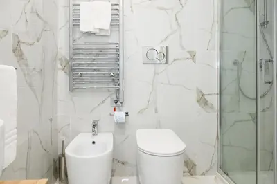 a white bathroom with a toilet and a shower at Domus Ludovica in Rome