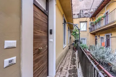 a narrow alleyway between two buildings with a door at Domus Romano Campo de Fiori in Rome