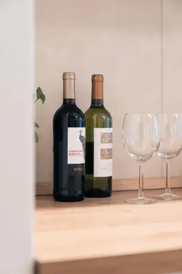 two bottles of wine and two glasses on a counter at Emma Bliss Apartment in Rome