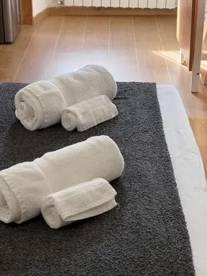 two rolled towels on a rug in a living room at Flat 7 Rome Guesthouse in Rome