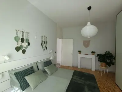 a white bedroom with a bed and a potted plant at Domus Marco Aurelio in Rome