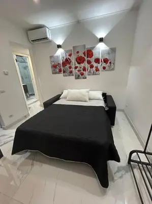 a bedroom with a black bed with two paintings on the wall at Casa vacanze Flaminia in Rome