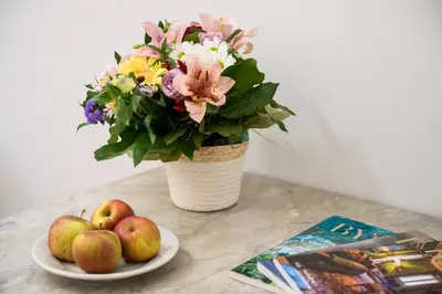 a vase of flowers and apples on a table with a plate of apples at Imperial House in Rome