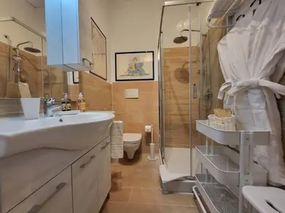 a bathroom with a sink and a shower and a toilet at Venus Inn Casa Vacanze AURELIA ANTICA in Rome