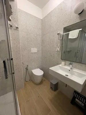 a bathroom with a sink and a toilet and a mirror at Luciano Trastevere Guest House in Rome