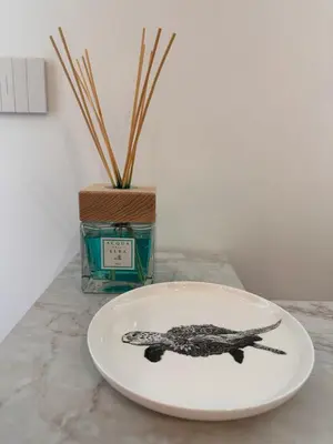 a plate with a lizard on it next to a vase at Suite dolce vita - san pietro in Rome