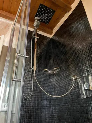 a shower in a bathroom with black tile at RHOMENJOY Open Space Colosseo in Rome