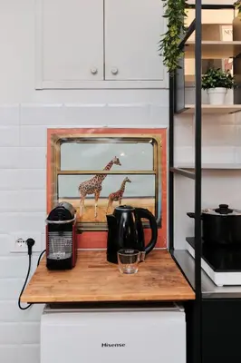 two giraffes figurines on a counter in a kitchen at Casa Calligarich Stadio Olimpico Foro Italico in Rome