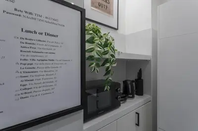a sign in a kitchen with a plant at Vittoria Urban Chic - elegant apartment in the heart of Rome in Rome