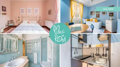 a collage of two pictures of a bedroom and a bathroom at Casa Tudor, Charmy Eccentric Flat in Piccola Londra 10 Min from City Center in Rome