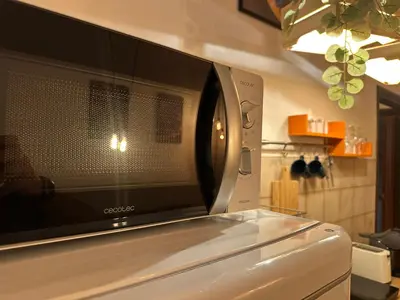 a microwave oven sitting on top of a refrigerator at ROMA Appia in Rome