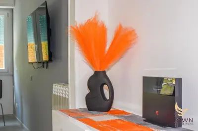 a black vase with orange feathers sitting on a shelf at Orange House in Rome