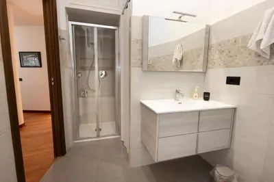 a bathroom with a sink and a shower at Marisa lovely house in Rome
