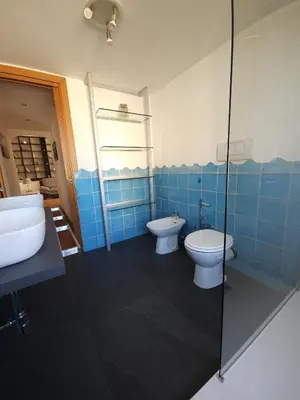 a blue bathroom with two toilets and a sink at Like at Home Gianicolense in Rome