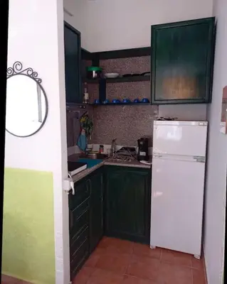 a kitchen with green cabinets and a white refrigerator at Green House Roma in Rome