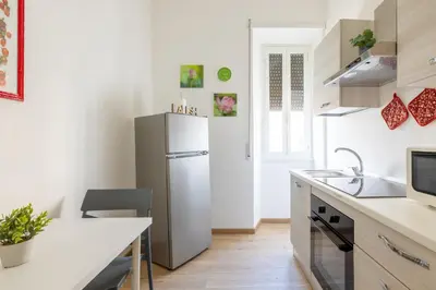 a white kitchen with a refrigerator and a sink at Casa EMMA, casa vacanze Aurelio in Rome
