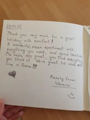 a hand holding a piece of paper with writing on it at Laura's RHome in Rome