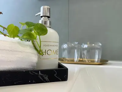 a bottle of soap sitting on a sink with a plant at The 7th Apartment in Rome