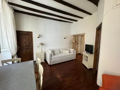 a living room with a white couch and a tv at Suite Colonna in Balestrari in Rome