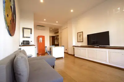 a living room with a couch and a flat screen tv at Ponte Milvio Lovely Garden in Rome