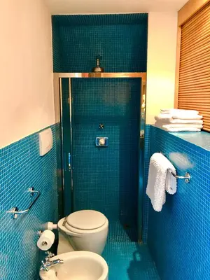 a blue tiled bathroom with a toilet and a shower at Stylish Duplex Apartment with Private Terrace in Rome