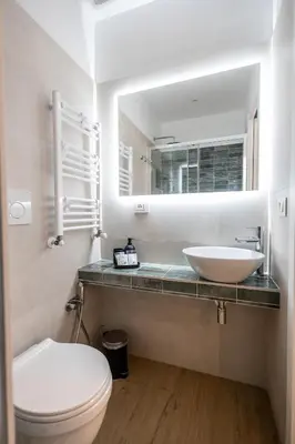 a bathroom with a sink and a toilet and a mirror at Re di Roma Ela Apartment in Rome