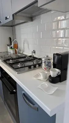 a kitchen counter with a stove and a microwave at Casa Gaia - Cozy Urban Oasis in Rome
