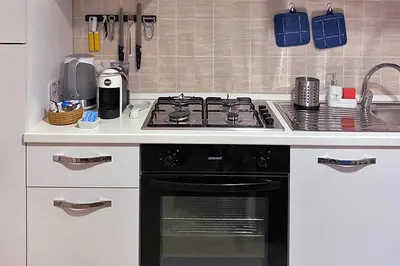 a kitchen with a black stove and a sink at La maisonette romana in Rome