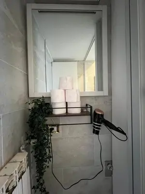 a bathroom with a mirror and a camera on a shelf at Casa vacanza La Rosa di Oscar - Testaccio in Rome