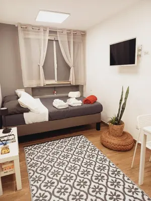 a bedroom with a bed with a window and a rug at Monteverde Rhome in Rome