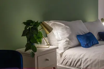 a plant on a nightstand next to a white couch at iFlat Colosseum's Brand New & Cozy Nest in Rome