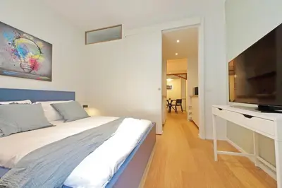 a bedroom with a large bed and a flat screen tv at Modern Family Apartment in Rome