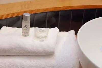 a pile of towels and a bottle of soap on a pile of towels at Modern Family Apartment in Rome