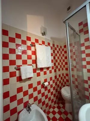 a bathroom with a red and white checkered wall at Don sweet home-Hedi in Rome