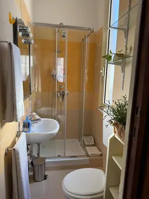 a bathroom with a shower and a toilet and a sink at Terrace & 1930s Charm - Vatican Walk in Rome