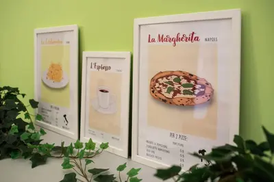 three framed pictures of a donut and a cup of coffee at NEW Mini Loft per 5 a Roma centro in Rome